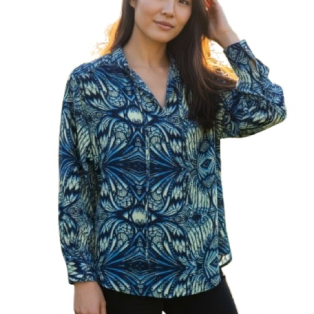 Amanda Uprichard Silk Abstract Aztec Print Blouse Tunic V Neck Large
